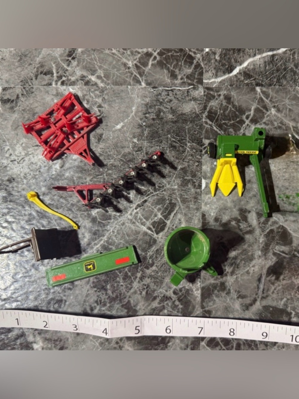 John Deere Green and Yellow Toy Farm Implements with Red Accessories